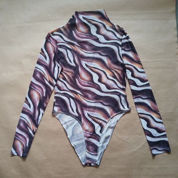 Shein Bodysuit Marble Mesh Long Sleeve Large Brown Cream Abstract Mock Neck Chic - Picture 1 of 8